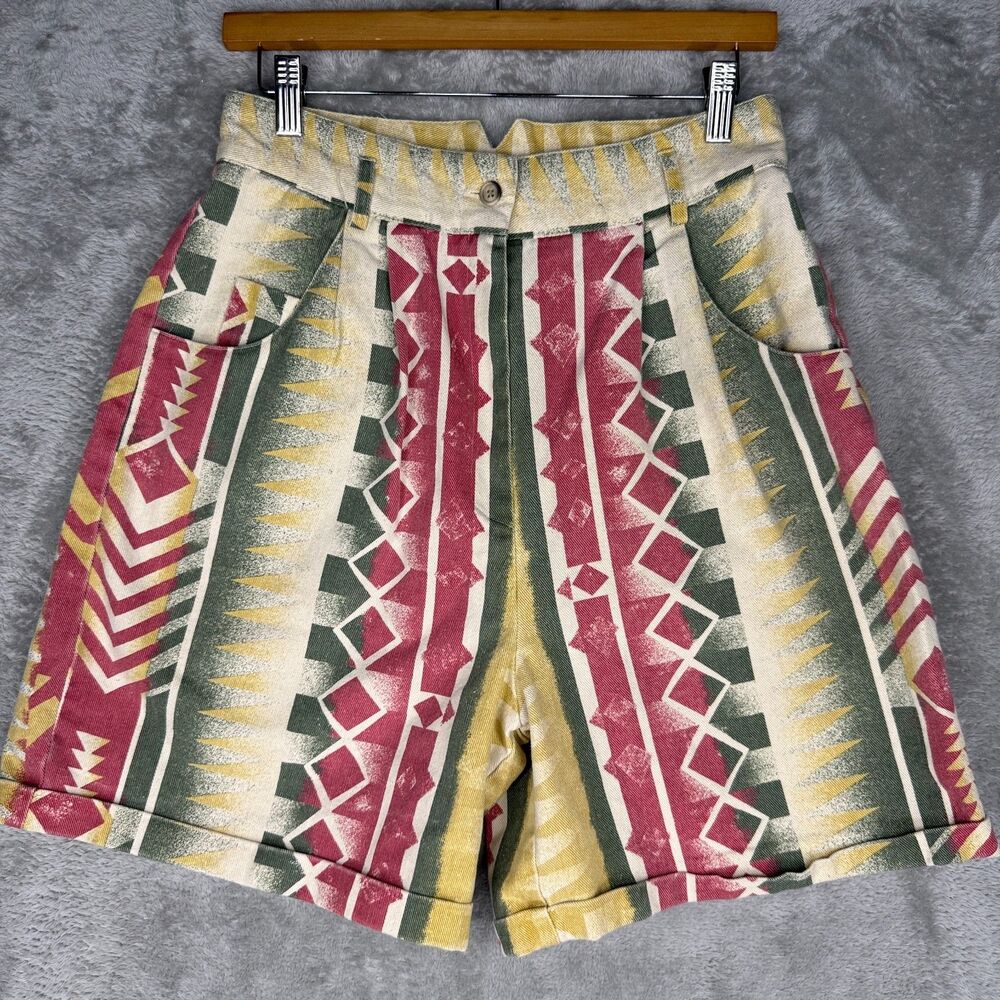 Vtg 80s Technics Shorts Womens 12 Southwestern Aztec Denim Baggy High Waist USA